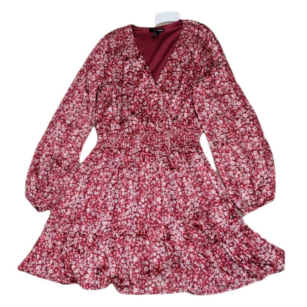 AQUA Women's Ruffle Long Sleeve Smocked Mini Dress Exclusive Pink Flowery Sz S